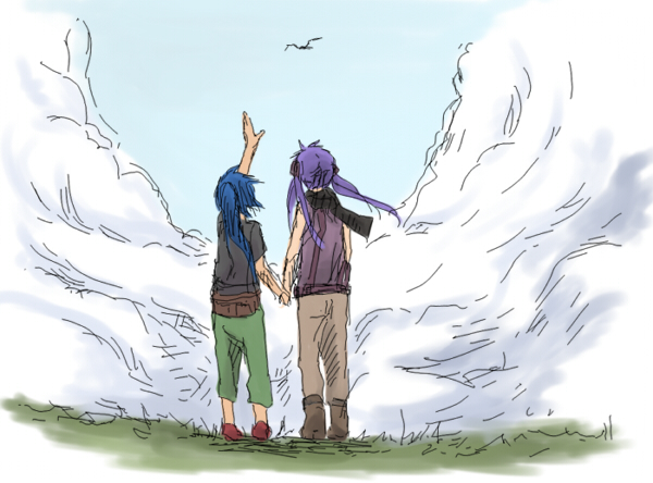 beni shouga, hiiragi kagami, izumi konata, lucky star, 00s, 2girls, bird, blue hair, cloud, day, hair ribbon, holding hands, long hair, multiple girls, outstretched arm, outstretched hand, ponytail, purple hair, reaching, ribbon, scarf, sky, twintails