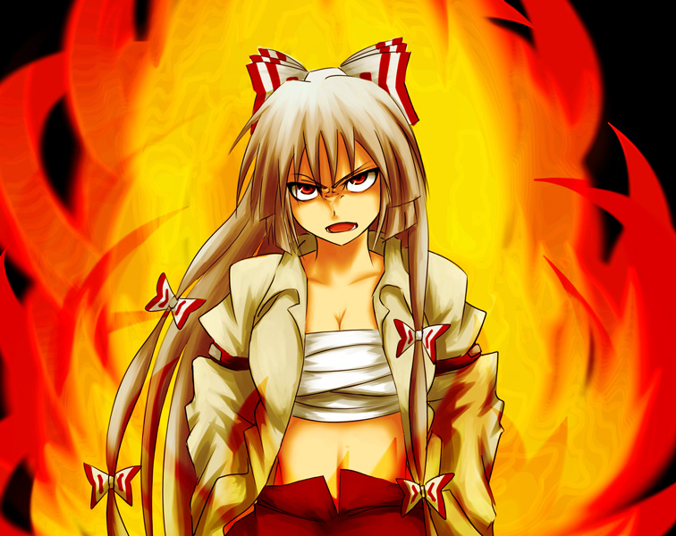 asana, makoto (pixiv), makoto jon, fujiwara no mokou, touhou, silver hair, 1girl, angry, chest sarashi, female focus, fire, hand in pocket, looking up, open clothes, open mouth, open shirt, red eyes, ribbon, sarashi, shirt, solo