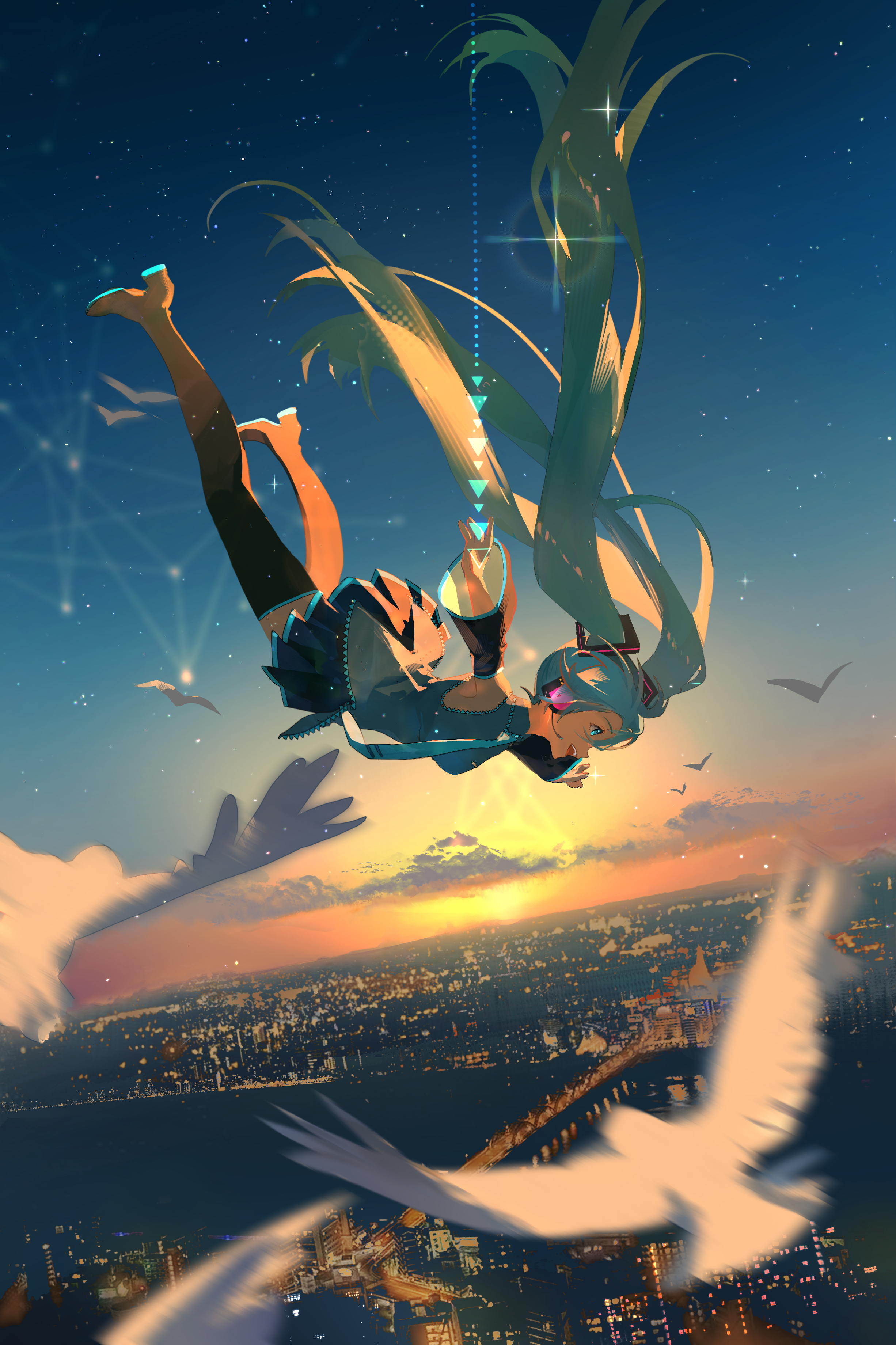 requiem (requiem art), hatsune miku, vocaloid, absurdres, highres, 1girl, aqua hair, bird, black boots, black skirt, black sleeves, boots, city, detached sleeves, falling, grey shirt, hair ornament, headset, jacket, long hair, long sleeves, miniskirt, necktie, open clothes, open jacket, outstretched arms, pleated skirt, scenery, shirt, skirt, sleeveless, sleeveless shirt, solo, spread arms, sunset, thigh boots, twintails, very long hair