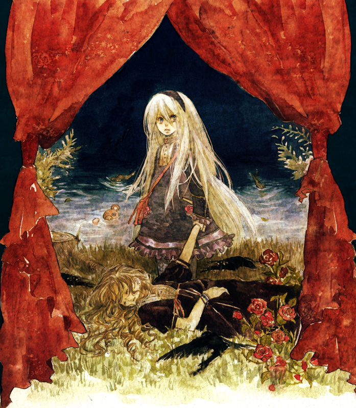 yoki (artist), original, 2girls, blonde hair, brown hair, closed eyes, curtains, dress, flower, hair between eyes, hairband, headband, holding hands, long hair, lying, multiple girls, stuffed animal, stuffed toy, teddy bear, very long hair, water