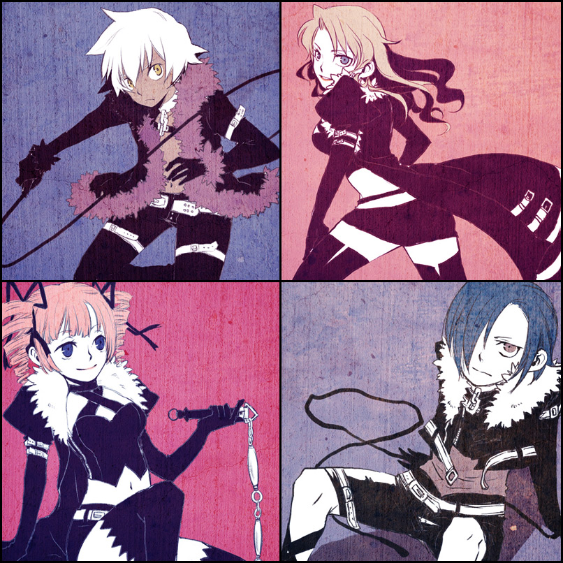 yoki (artist), dark hunter, dark hunter (sekaiju), dark hunter 1, dark hunter 2, dark hunter 3, dark hunter 4, atlus, etrian odyssey, 2boys, 2girls, blonde hair, blue eyes, cape, dark-skinned male, dark skin, drill hair, multiple boys, multiple girls, thighhighs, weapon, whip, white hair, yellow eyes