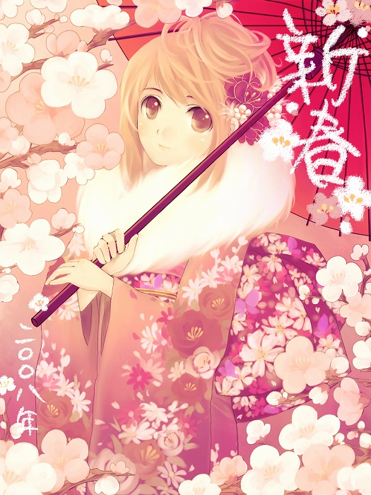 yukise miyu, bad id, bad pixiv id, 1girl, female focus, flower, japanese clothes, kimono, oil-paper umbrella, solo, umbrella