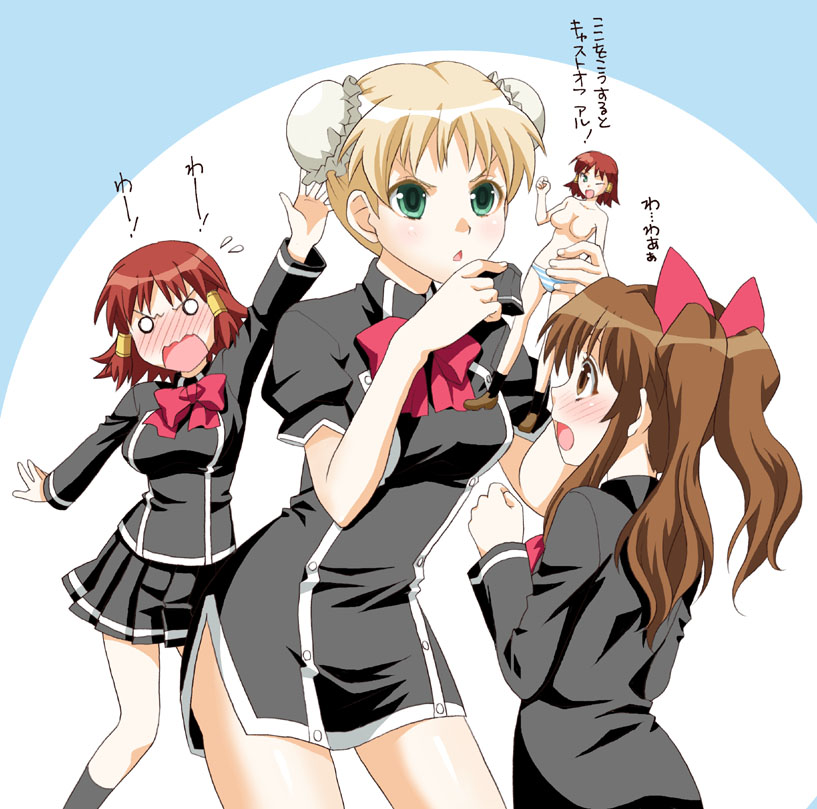 mattaku mousuke, aloe, aloe (quiz magic academy), ruquia, yang yang, quiz magic academy, bad id, bad pixiv id, 3girls, blonde hair, blush, brown hair, bun cover, character cutout, double bun, green eyes, hair bun, multiple girls, nose blush, panties, red hair, school uniform, serafuku, short hair, skirt, striped clothes, striped panties, topless female, twintails, underwear, underwear only, unworn skirt