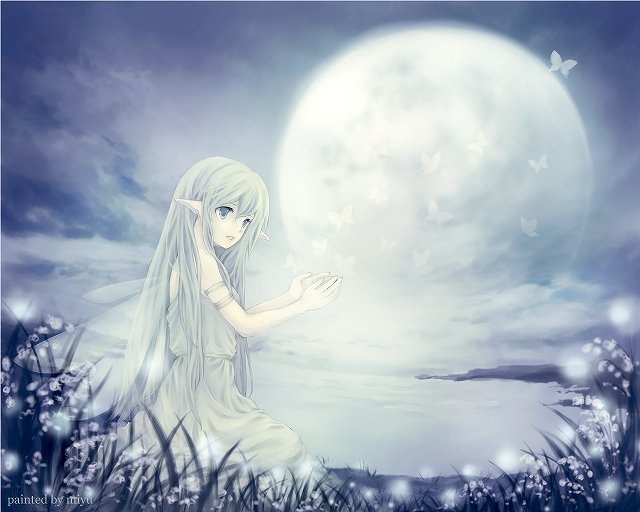yukise miyu, bad id, bad pixiv id, bug, butterfly, cloud, dress, flower, insect, lake, moon, pointy ears, solo, white theme, wings