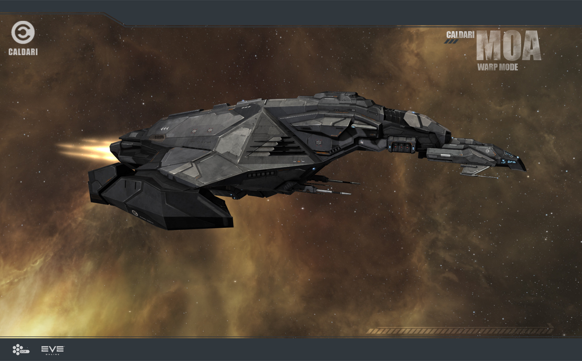 eve online, commentary, english commentary, highres, maya (medium), official art, photoshop (medium), 3d, brown background, caldari state (eve online), cloud, combat ship (eve online), company logo, company name, copyright logo, copyright name, cruiser (eve online), fire, flying, glowing, ishukone corporation (eve online), logo, military vehicle, no humans, outdoors, radio antenna, realistic, science fiction, shadow, space, spacecraft, star (sky), starry sky background, thrusters, vehicle focus, vehicle name, warp (eve online), ymir jonsson
