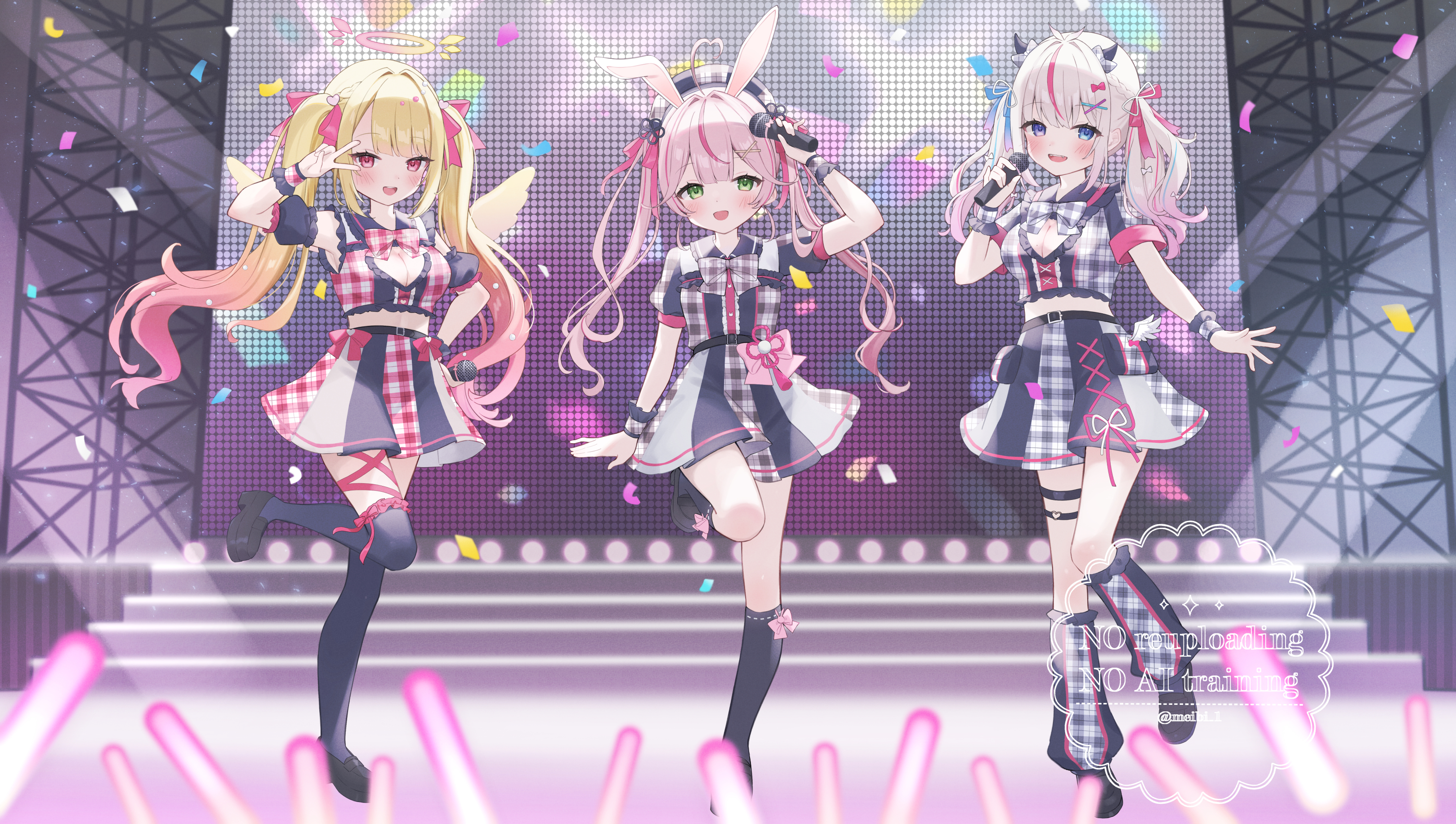 meibi 1, mochizuki nako, nanami meari, yasou toiki, indie virtual youtuber, absurdres, highres, official art, 1girl, 3girls, blonde hair, blue eyes, blush, boots, bow, breasts, dress, green eyes, hair ornament, heart, idol, long hair, looking at viewer, microphone, multicolored hair, multiple girls, open mouth, pink hair, puffy sleeves, smile, stage, thighhighs, twintails, virtual youtuber