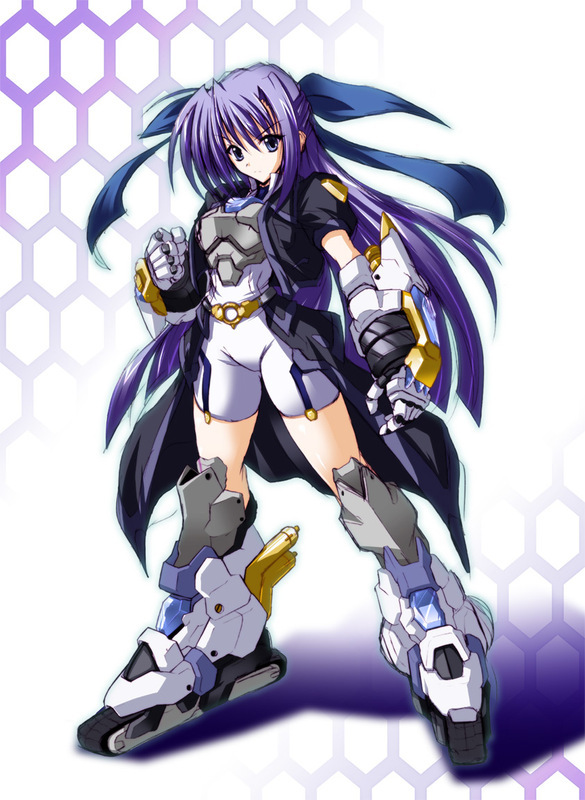 blitz caliber, ginga nakajima, revolver knuckle, lyrical nanoha, mahou shoujo lyrical nanoha, mahou shoujo lyrical nanoha strikers, 00s, 1girl, alternate weapon, armor, armored boots, belt, boots, buckle, female focus, full body, hexagon, honeycomb (pattern), honeycomb background, honeycomb pattern, long hair, looking at viewer, simple background, solo, standing, thigh boots, thighhighs, very long hair, weapon, white background