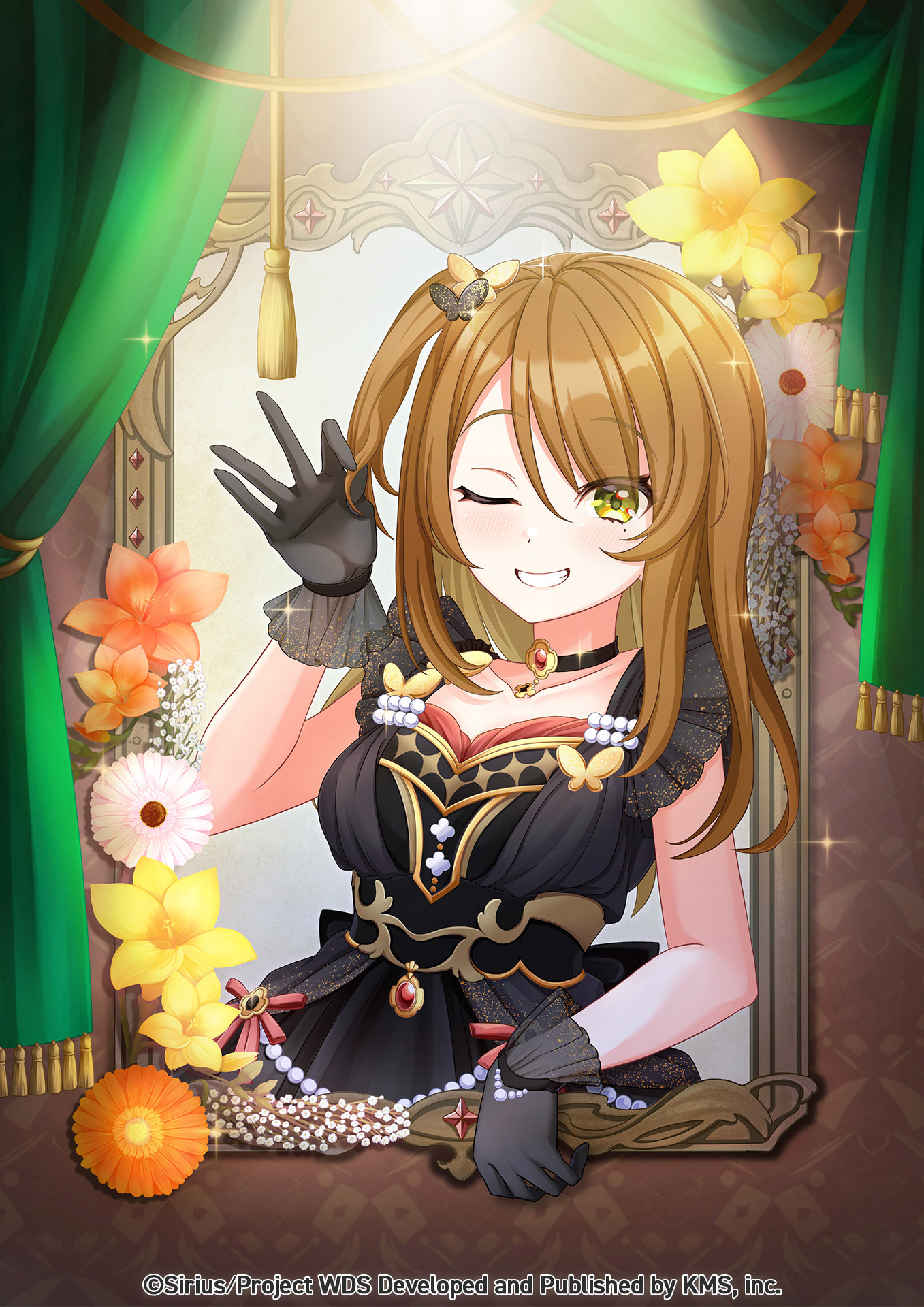 yorozu iruru, world dai star, highres, official art, 1girl, black dress, black gloves, blush, breasts, brown hair, choker, collarbone, curtains, dress, flower, gloves, grin, hair ornament, indoors, jewelry, long hair, looking at viewer, omizu83, one eye closed, one side up, pantyhose, side ponytail, smile, solo, sparkle, window, yellow eyes