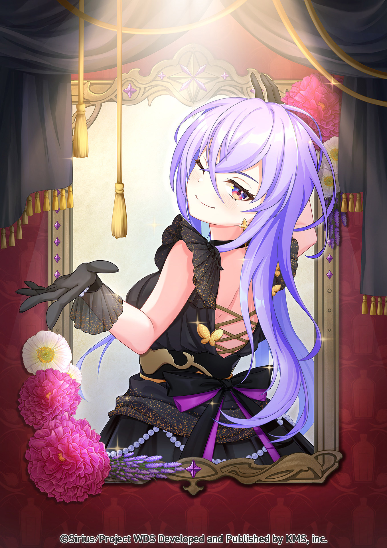 renjakuno hatsumi, world dai star, highres, official art, 1girl, bare shoulders, black dress, black gloves, curtains, dress, flower, from behind, gloves, hair between eyes, jewelry, long hair, looking at viewer, multicolored hair, omizu83, one eye closed, purple eyes, purple hair, sleeveless, sleeveless dress, smile, solo