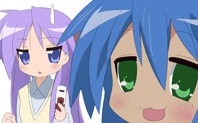 hiiragi kagami, izumi konata, lucky star, 00s, 2girls, :o, blue hair, blush, close-up, collar, green eyes, looking at viewer, mole, mole under eye, multiple girls, parted lips, purple eyes, purple hair, sweatdrop