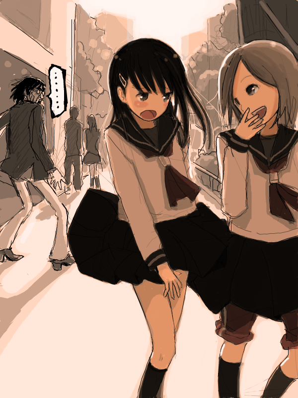 kokudou juunigou, …, 2boys, 3girls, blush, brown hair, clothes lift, embarrassed, hair ornament, hairclip, laughing, multiple boys, multiple girls, school uniform, serafuku, sketch, skirt, skirt lift, spoken ellipsis, wind, wind lift