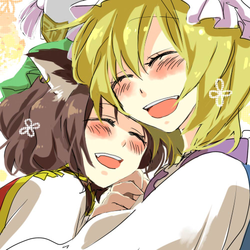 popoin, chen, yakumo ran, touhou, bad id, bad pixiv id, lowres, 2girls, animal ears, blonde hair, blush, brown hair, cat ears, cat girl, closed eyes, earrings, female focus, happy, hat, hug, jewelry, multiple girls