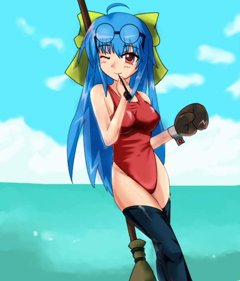 kiari, bad id, bad pixiv id, 1girl, beach, blue hair, broom, day, female focus, glasses, gloves, holding, holding smoking pipe, long hair, one-piece swimsuit, pipe in mouth, red eyes, smoking pipe, solo, swimsuit, thighhighs