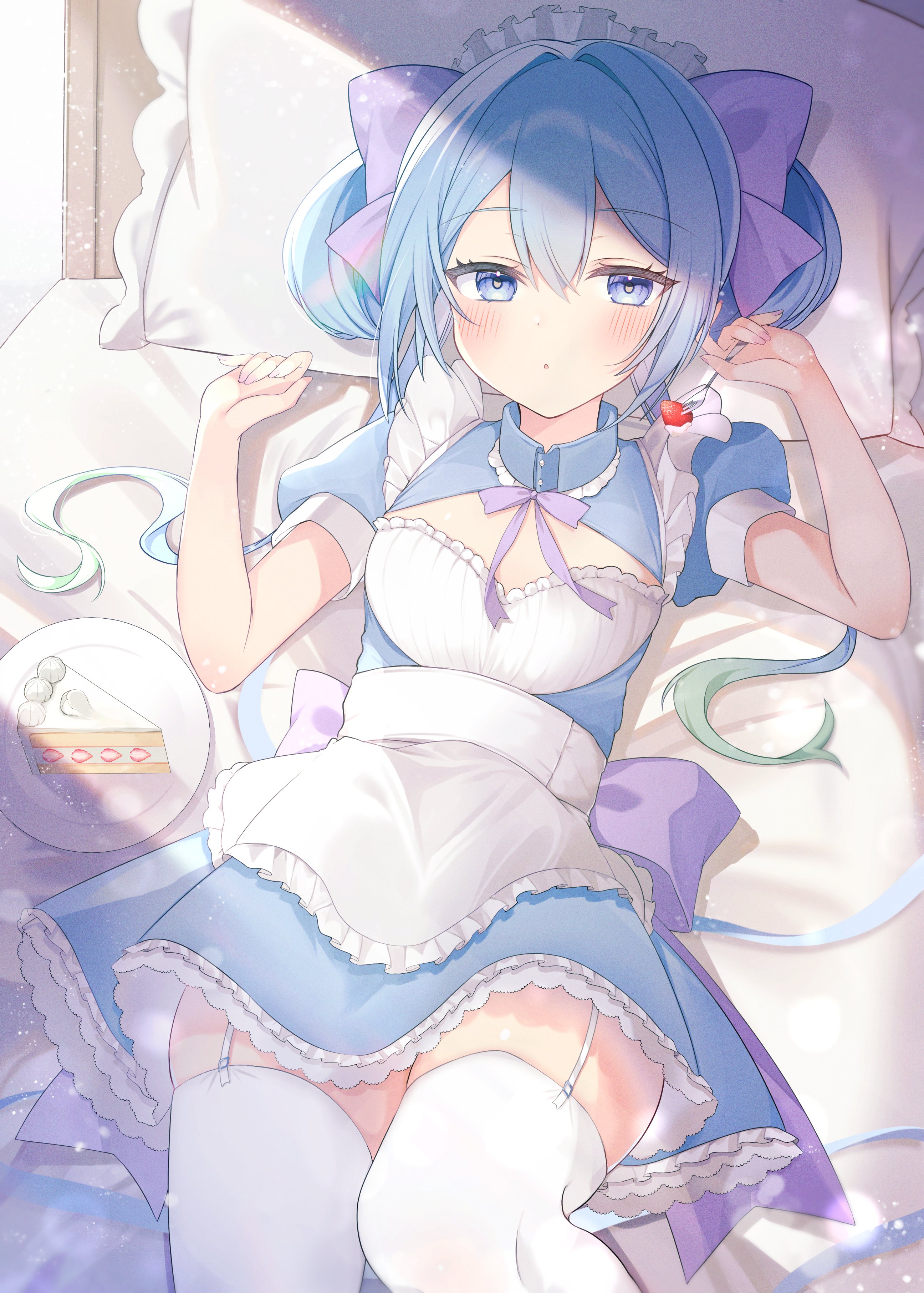 nanashi (nanashi 234), suzushima arisu, ongeki, absurdres, highres, 1girl, apron, blue bow, blue dress, blue eyes, blue hair, blush, bow, breasts, closed mouth, dress, fingernails, food, frilled dress, frills, garter straps, hair between eyes, hair bow, long hair, looking at viewer, lying, maid, maid headdress, nail polish, on back, pillow, plate, puffy short sleeves, puffy sleeves, short sleeves, small breasts, solo, striped clothes, striped dress, thighhighs, twintails, vertical-striped clothes, vertical-striped dress, virtual youtuber, waist apron, white apron