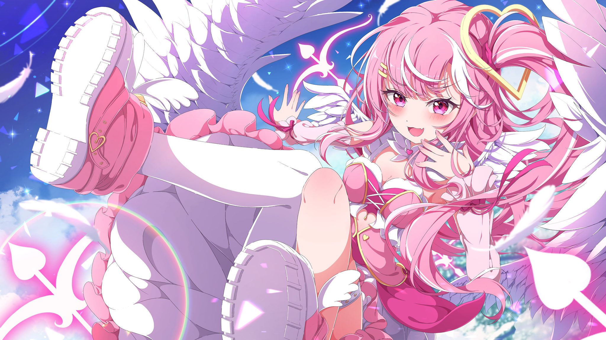 lida vv, original, highres, 1girl, :d, angel wings, blush, breasts, dress, feathered wings, feathers, hair ornament, heart, long hair, looking at viewer, open mouth, pink dress, pink eyes, pink hair, shoes, sky, smile, solo, white wings, wings