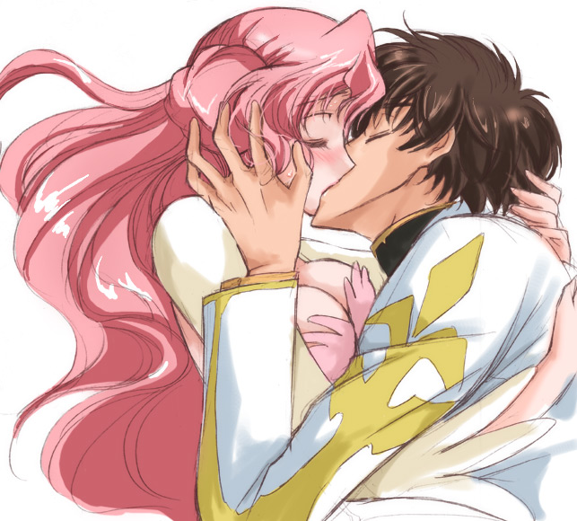 akina tsukako, kurimono, euphemia li britannia, kururugi suzaku, code geass, reference work, 00s, 1boy, 1girl, breasts, cleavage, closed eyes, donut hair bun, hair bun, hetero, kiss, large breasts