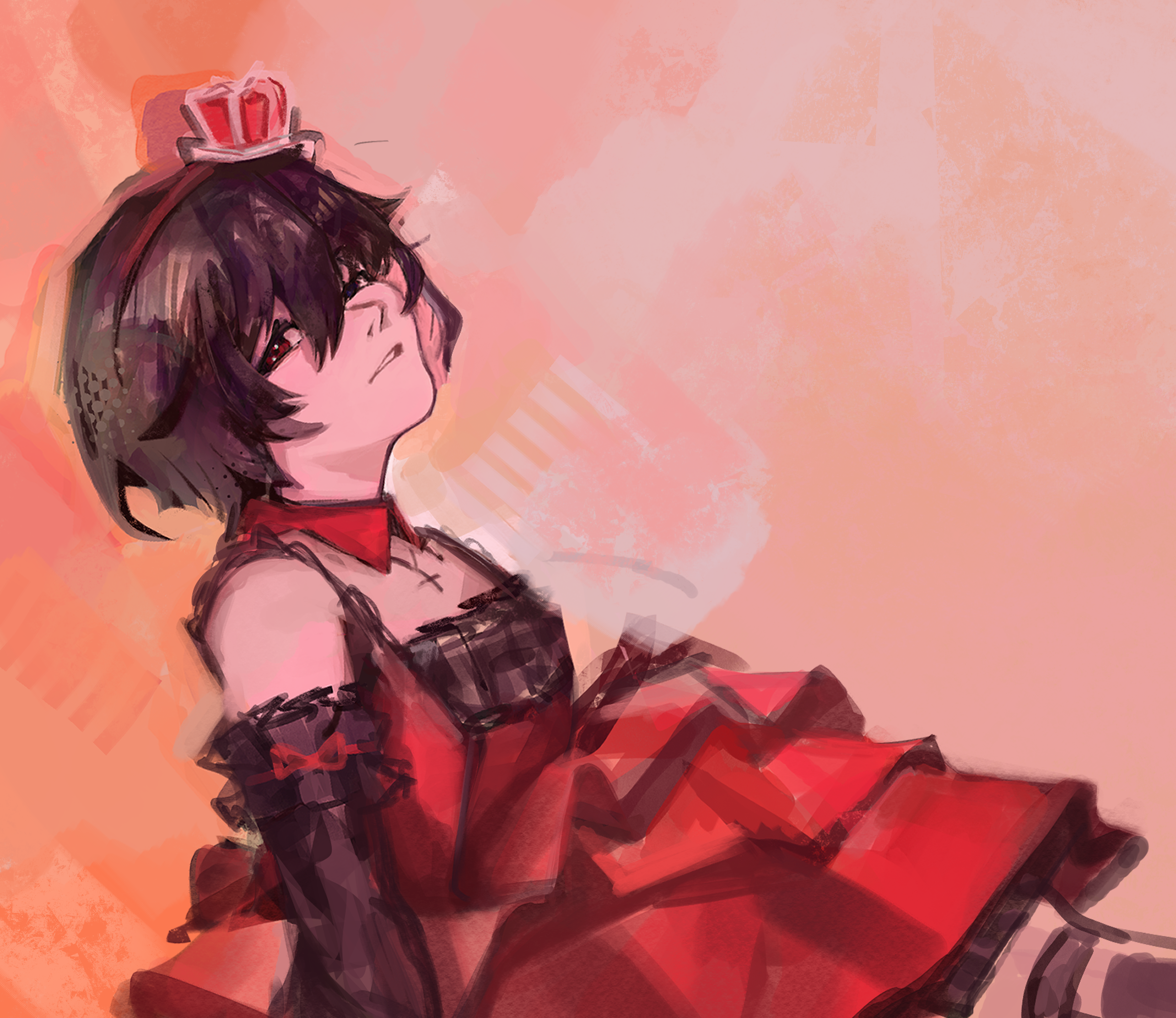 blue picmi, misaki mei, another, absurdres, commentary, highres, 1girl, alternate costume, bare shoulders, black eyes, black hair, black sleeves, cross, cross necklace, crown, detached sleeves, dress, hair between eyes, heterochromia, jewelry, mini crown, necklace, red dress, red eyes, short hair, simple background, sitting, solo