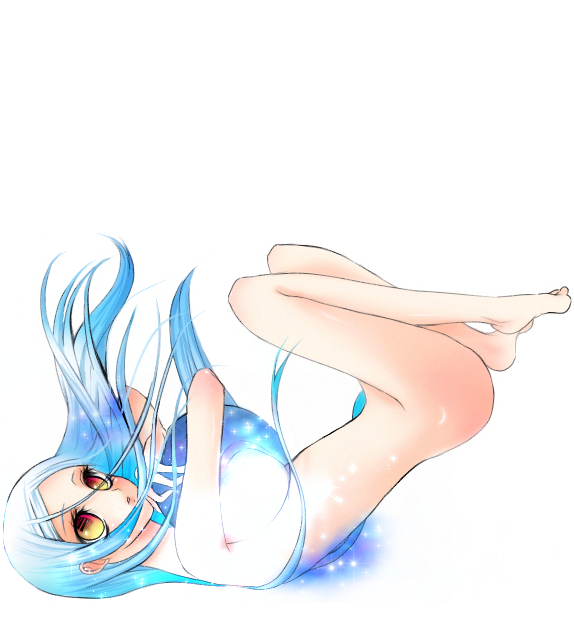 kanna (meronpan1108), soma peries, gundam, gundam 00, 00s, 1girl, blue hair, brown eyes, fallen down, feet, female focus, legs up, long hair, looking at viewer, lying, nude, on back, orb, simple background, solo, toes, very long hair, white background