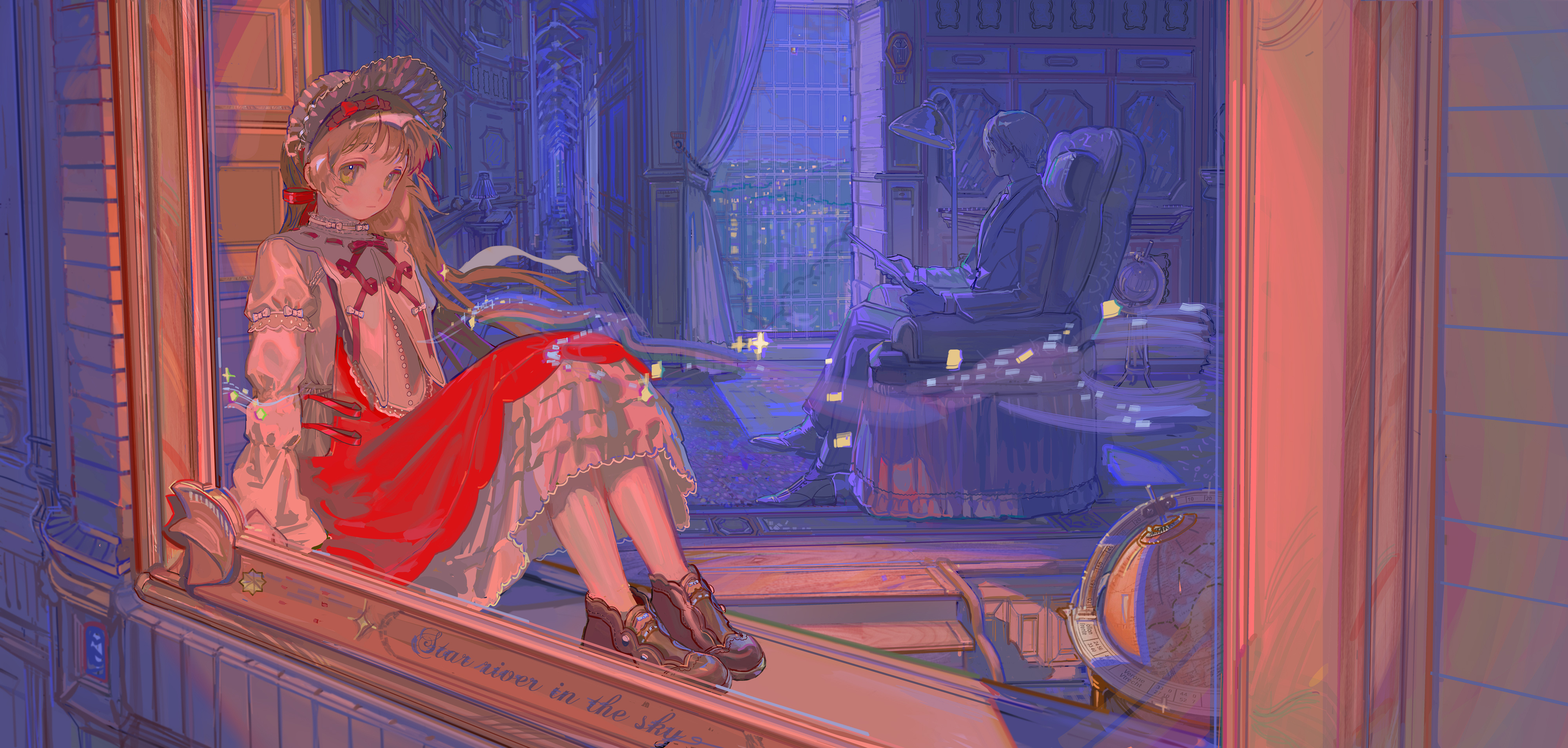 tamomoko, taro-k, original, absurdres, highres, 1boy, 1girl, armchair, blonde hair, bonnet, chair, dress, globe, knees up, long hair, long sleeves, looking at viewer, reading, red dress, sitting, window