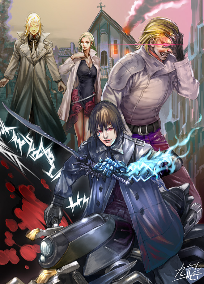 jasmine t, beatrice grese, gerd frentzen, joseph jobson, magwald xargin, blassreiter, hand on head, vehicle, 00s, 1girl, 3boys, belt, black hair, blonde hair, blood, breasts, church, cleavage, closed eyes, coat, cross, dress, facial mark, fire, glasses, gloves, glowing, glowing eyes, lab coat, large breasts, leather, long hair, motor vehicle, motorcycle, multiple boys, necktie, outdoors, pink eyes, red eyes, short hair, sky, smile, sword, trench coat, weapon, white hair