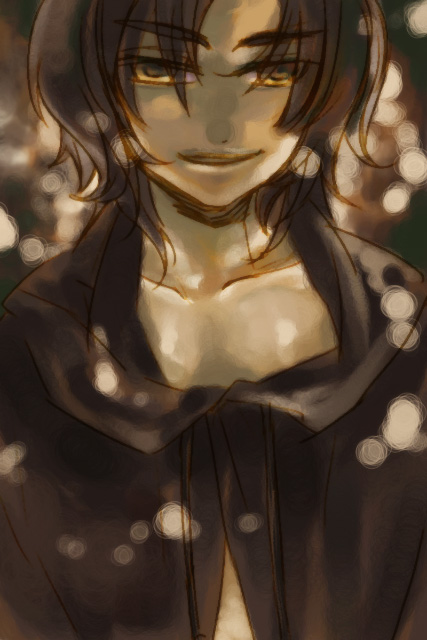 tsusa, azalie cait sith, majutsushi orphen, bad id, bad pixiv id, 1girl, brown coat, brown eyes, brown hair, brown theme, coat, collarbone, female focus, looking at viewer, short hair, solo, upper body