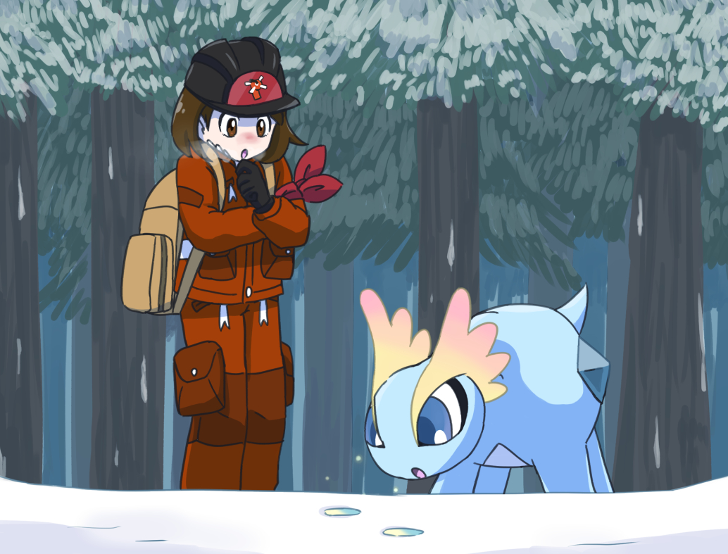 mutou610, amaura, gloria (pokemon), nintendo, pokemon, pokemon swsh, commentary request, 1girl, :o, armband, backpack, bag, black gloves, black helmet, blue eyes, blush, brown bag, brown eyes, brown hair, cold, expedition uniform, footprints, gen 6 pokemon, gloves, helmet, jacket, long sleeves, official alternate costume, open mouth, orange jacket, orange pants, outdoors, pants, pokemon (creature), red armband, short hair, snow, standing, tree