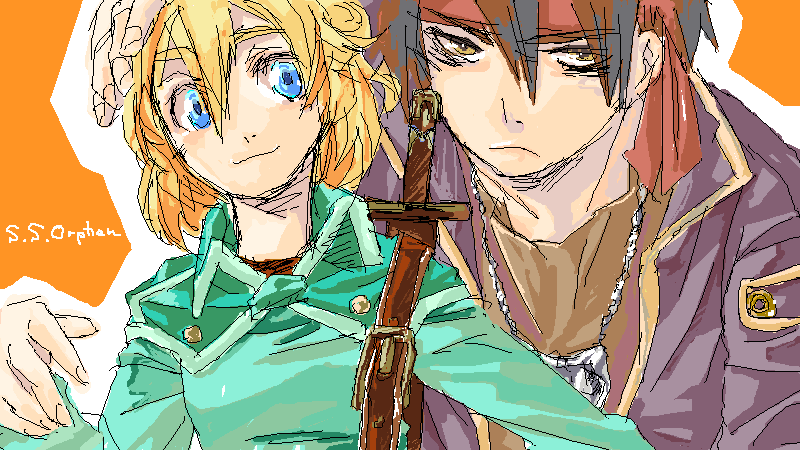 tsusa, cleo everlastin, orphen, majutsushi orphen, bad id, bad pixiv id, 1boy, 1girl, black hair, blonde hair, blue eyes, headband, short hair
