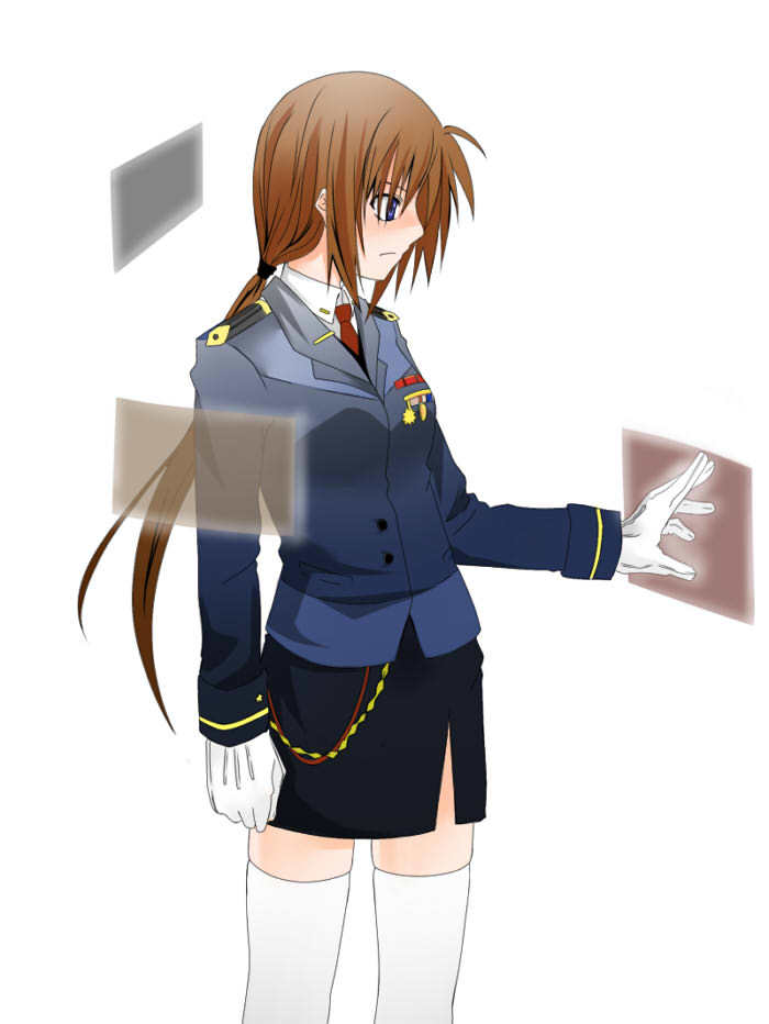 takamachi nanoha, lyrical nanoha, mahou shoujo lyrical nanoha, mahou shoujo lyrical nanoha strikers, 00s, 1girl, female focus, gloves, military, military uniform, ponytail, solo, thighhighs, zettai ryouiki