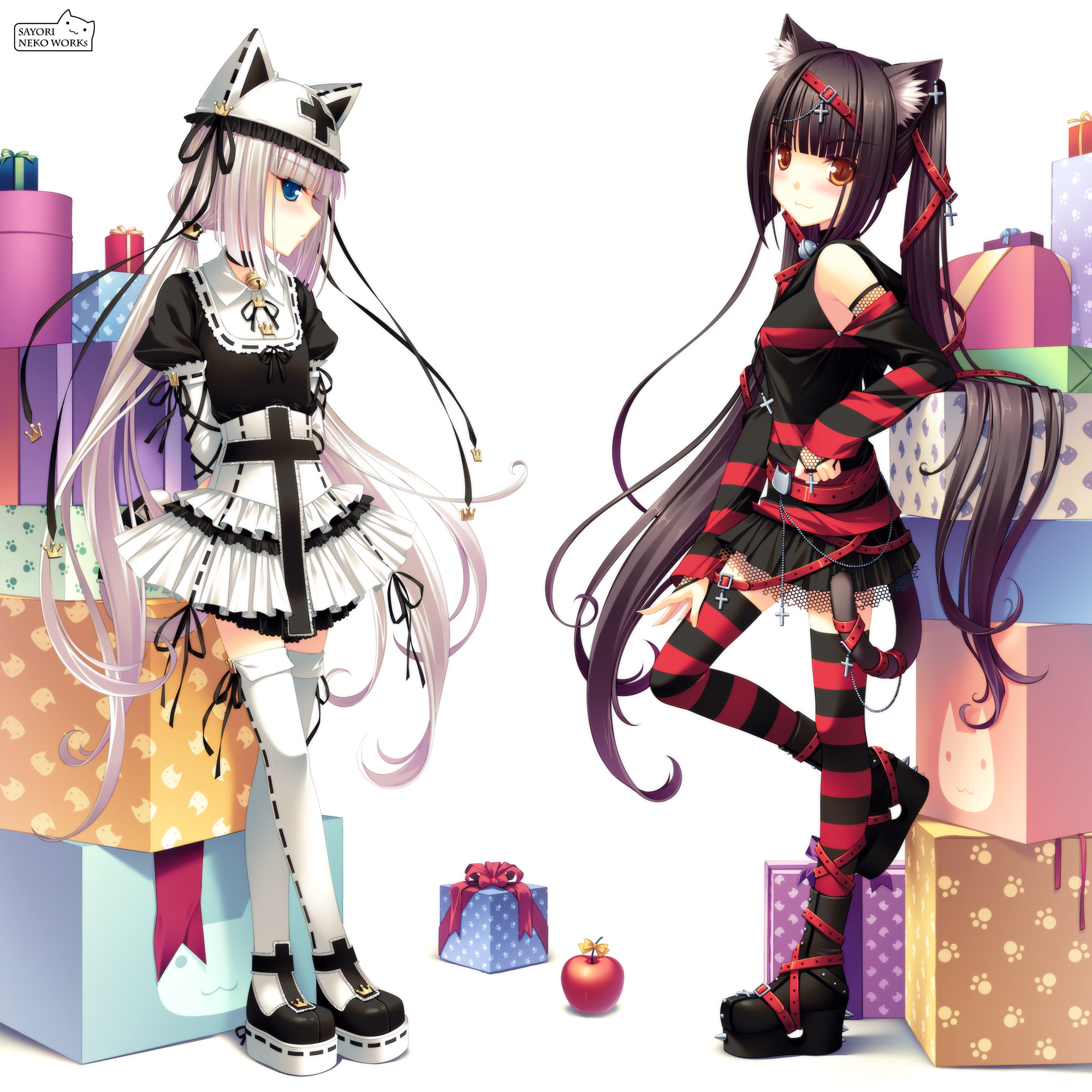 sayori (neko works), chocola (nekopara), vanilla (nekopara), nekopara, original, platform footwear, striped legwear, white legwear, bad id, bad pixiv id, highres, 10s, 2girls, animal ear fluff, animal ears, apple, bell, belt, blue eyes, brown eyes, brown hair, cat ears, cat girl, cat tail, choker, food, fruit, gift, gothic lolita, hat, hat with ears, legs, lolita fashion, long hair, multiple girls, neck bell, patterned legwear, paw print, punk, ribbon, siblings, sisters, skirt, slit pupils, striped clothes, striped thighhighs, tail, tail ornament, thighhighs, twins, twintails, two-tone stripes, very long hair, white hair, zettai ryouiki