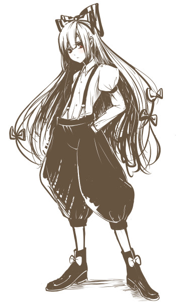 miya9, fujiwara no mokou, touhou, 1girl, expressionless, female focus, hands in pockets, long hair, monochrome, sketch, solo, very long hair