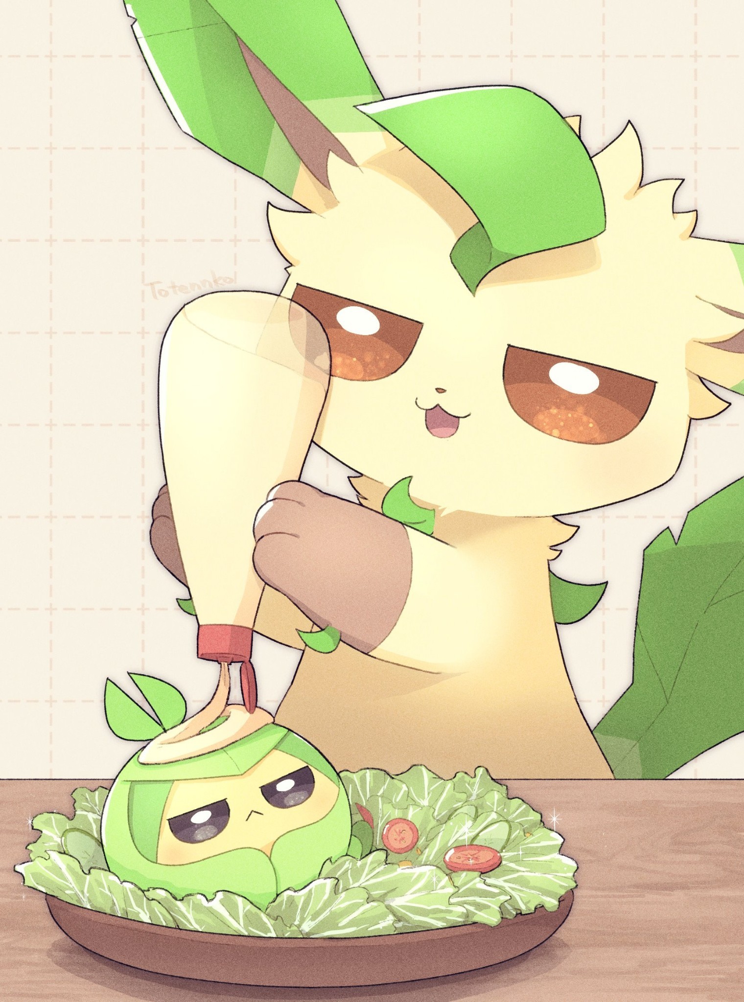totennko, leafeon, swadloon, nintendo, pokemon, highres, artist name, bottle, brown eyes, gen 4 pokemon, gen 5 pokemon, grid background, holding, holding bottle, mayonnaise, no humans, open mouth, pokemon (creature), salad, tail, yellow fur
