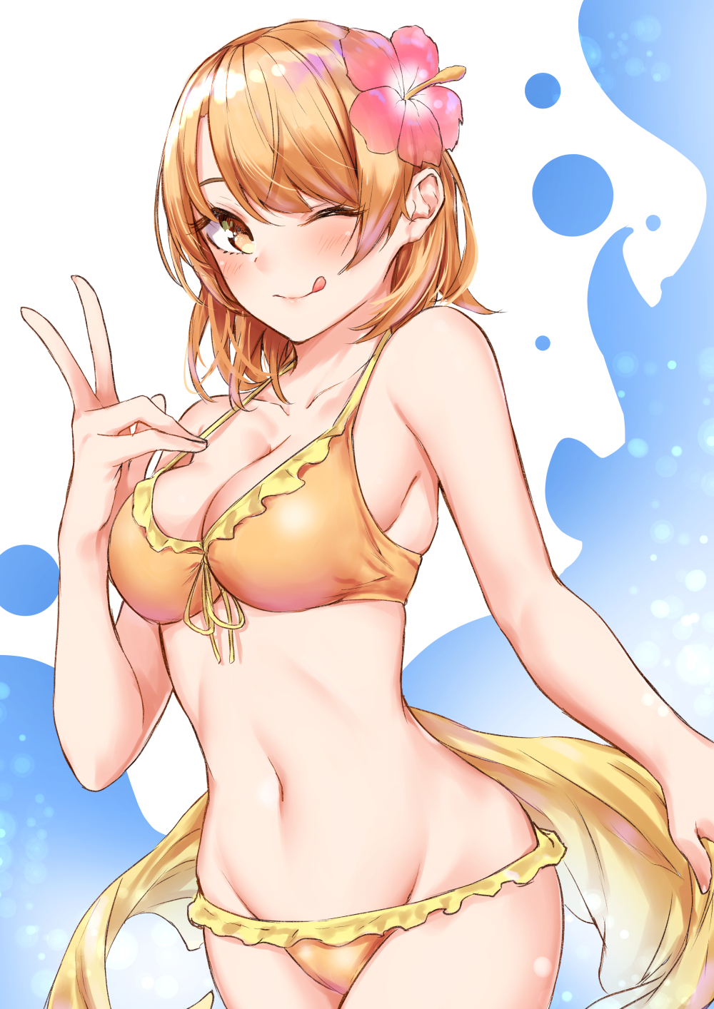 sahara386, isshiki iroha, yahari ore no seishun lovecome wa machigatteiru., commentary request, highres, 1girl, ;q, bikini, breasts, cleavage, cowboy shot, flower, frilled bikini, frills, hair flower, hair ornament, looking at viewer, medium breasts, navel, one eye closed, orange bikini, orange eyes, orange hair, pink flower, solo, stomach, swimsuit, tongue, tongue out, v