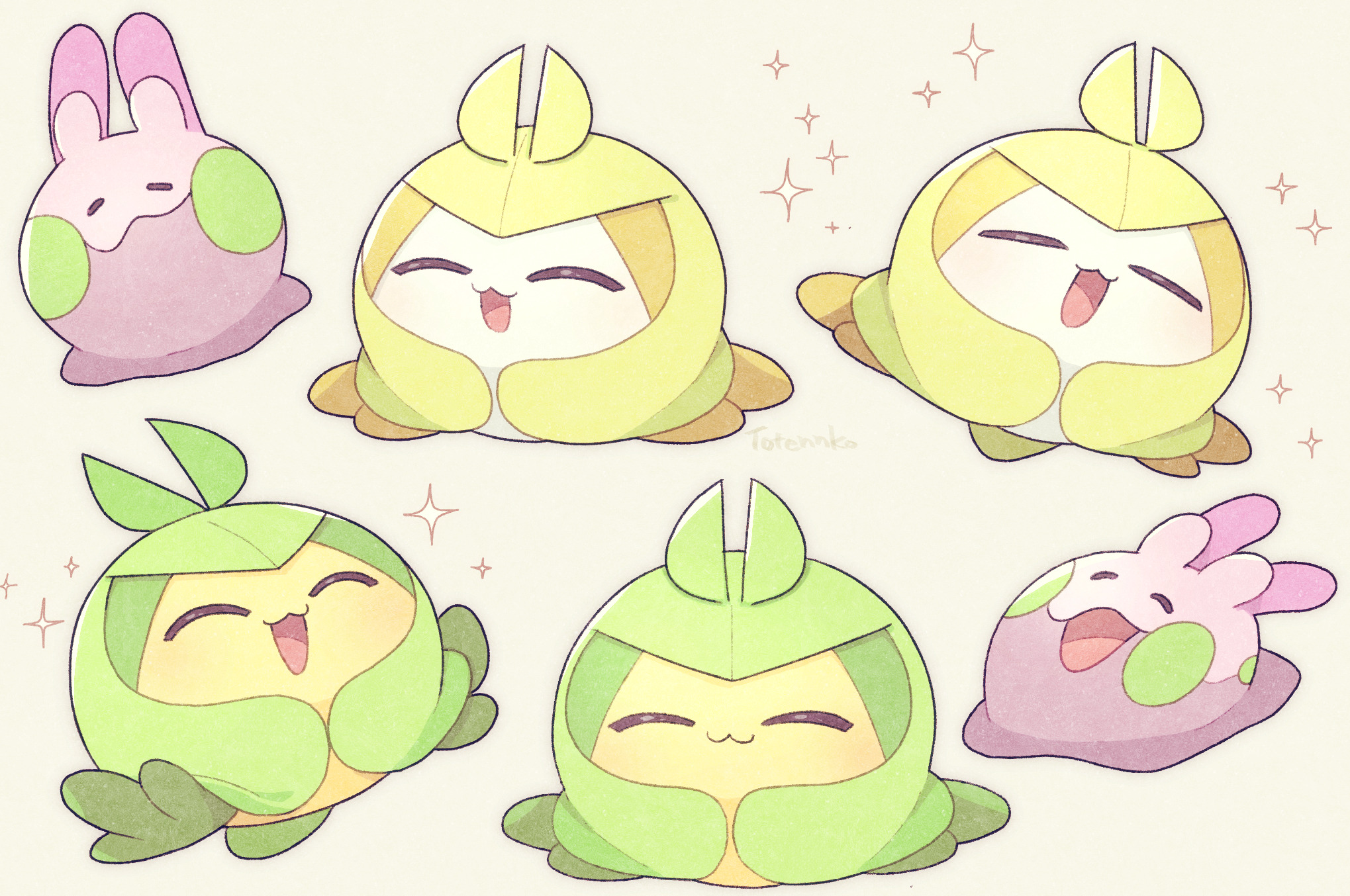 totennko, goomy, swadloon, nintendo, pokemon, highres, alternate color, artist name, closed eyes, gen 5 pokemon, gen 6 pokemon, multiple views, open mouth, pokemon (creature), shiny pokemon, simple background, sparkle, white background