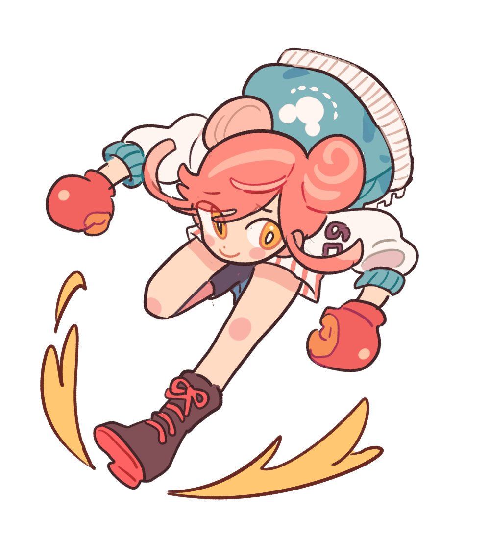 dolman (dm), original, source request, third-party source, 1girl, aqua jacket, black boots, boots, boxer, boxing gloves, bright pupils, clenched hand, closed mouth, dot nose, eyes visible through hair, floating hair, full body, gloves, happy, jacket, jersey, kicking, knees, long sleeves, looking at viewer, loose hair strand, mouse print, pink hair, puffy long sleeves, puffy sleeves, red gloves, ribbon-trimmed jacket, short hair with long locks, shorts, simple background, smile, solo, striped clothes, striped shorts, swept bangs, vertical-striped clothes, vertical-striped shorts, white background, white pupils, white shorts, white sleeves, yellow eyes