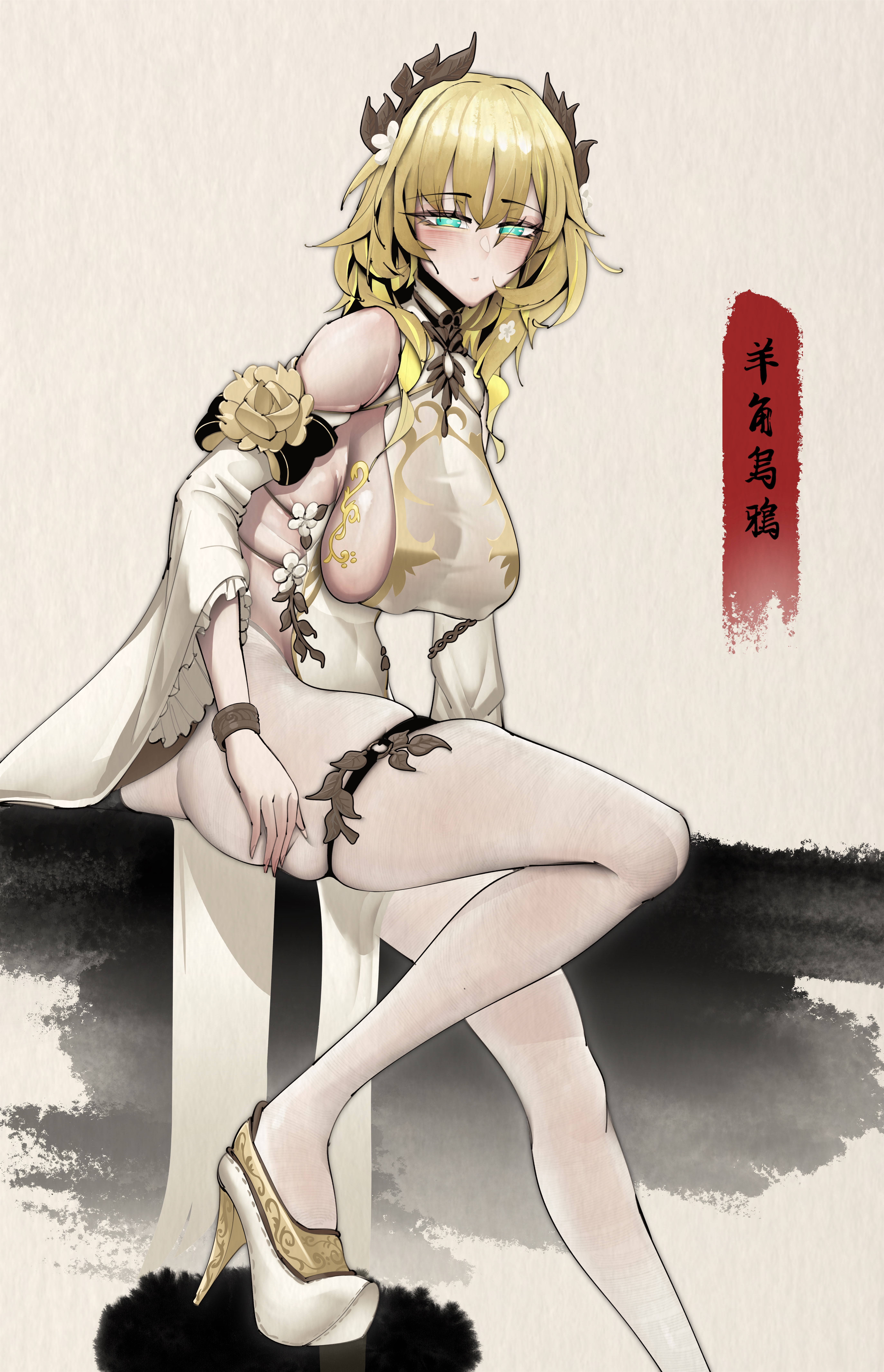 horned crow, aglaea (honkai: star rail), honkai: star rail, honkai (series), white footwear, highres, 1girl, ass, bare shoulders, blonde hair, blush, breasts, china dress, chinese clothes, chinese text, detached sleeves, dress, green eyes, high heels, large breasts, laurel crown, long hair, looking at viewer, medium hair, pantyhose, sideboob, sitting, solo, white dress, white pantyhose