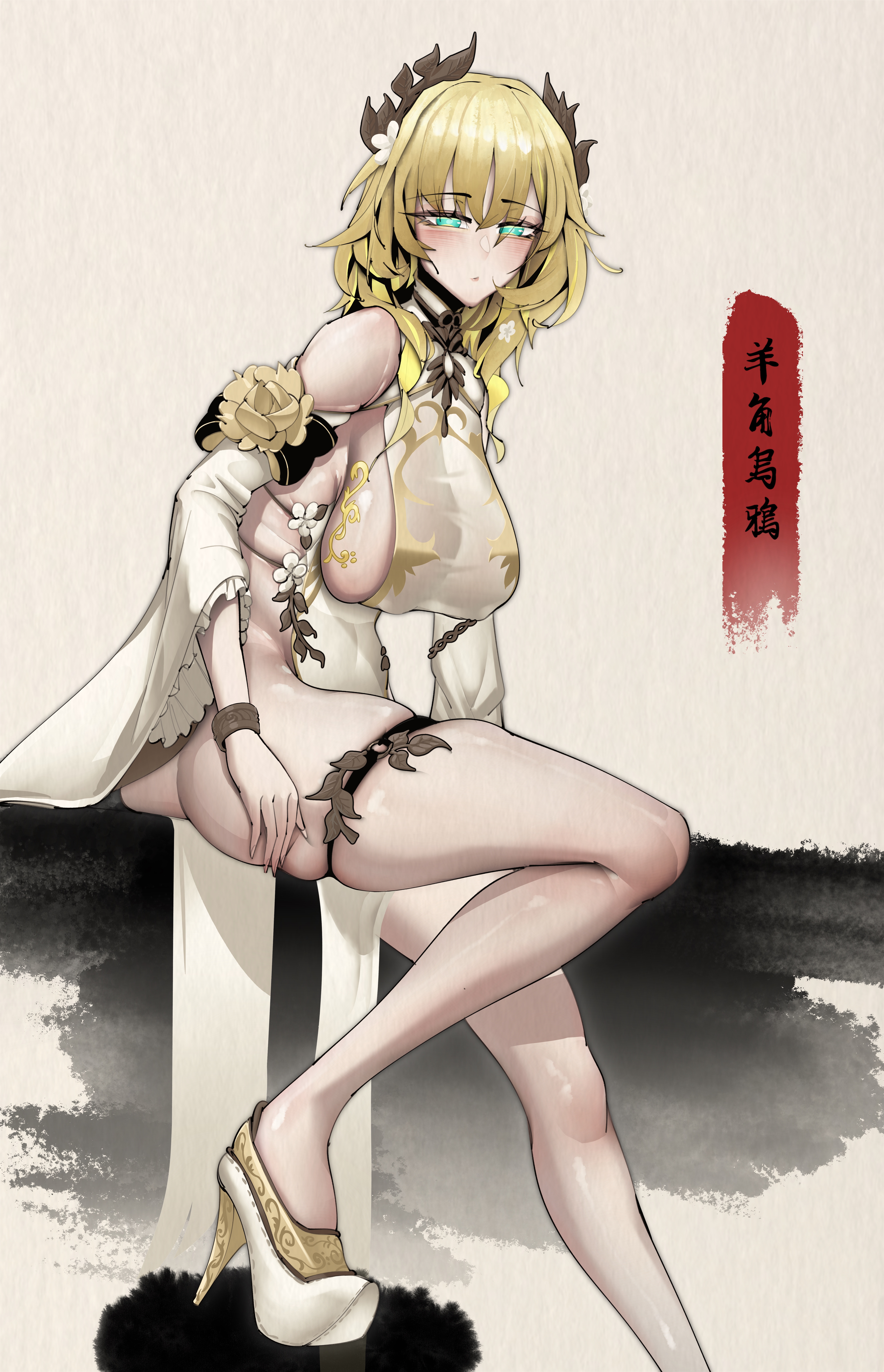 horned crow, aglaea (honkai: star rail), honkai: star rail, honkai (series), white footwear, highres, 1girl, ass, bare shoulders, blonde hair, blush, breasts, china dress, chinese clothes, chinese text, detached sleeves, dress, green eyes, high heels, large breasts, laurel crown, looking at viewer, medium hair, official alternate costume, sideboob, sitting, skindentation, solo, thigh strap, white dress