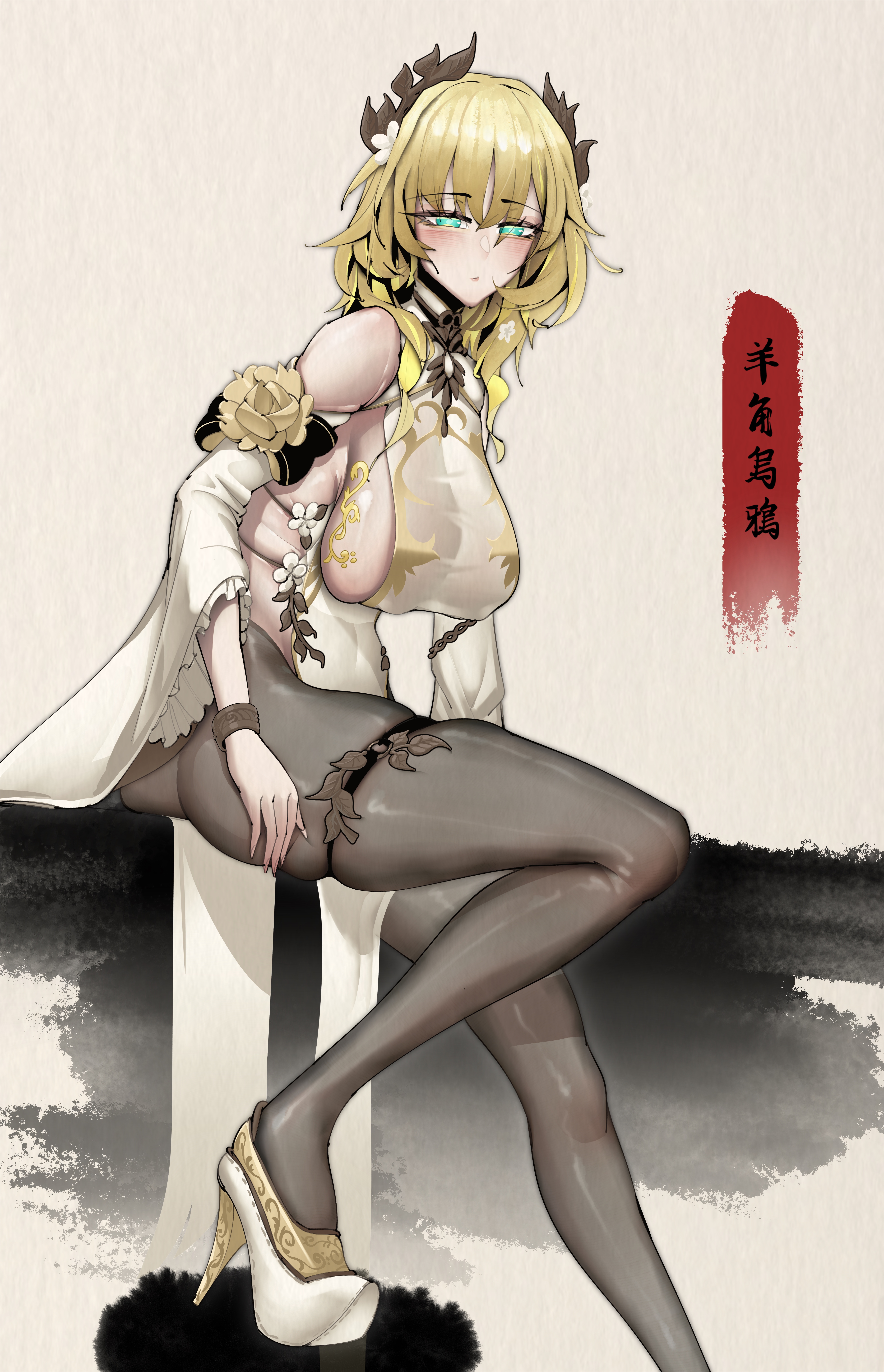 horned crow, aglaea (honkai: star rail), honkai: star rail, honkai (series), white footwear, highres, 1girl, ass, bare shoulders, black pantyhose, blonde hair, blush, breasts, china dress, chinese clothes, chinese text, detached sleeves, dress, foot out of frame, green eyes, high heels, large breasts, laurel crown, legs, long hair, looking at viewer, medium hair, pantyhose, sideboob, sitting, solo, white dress