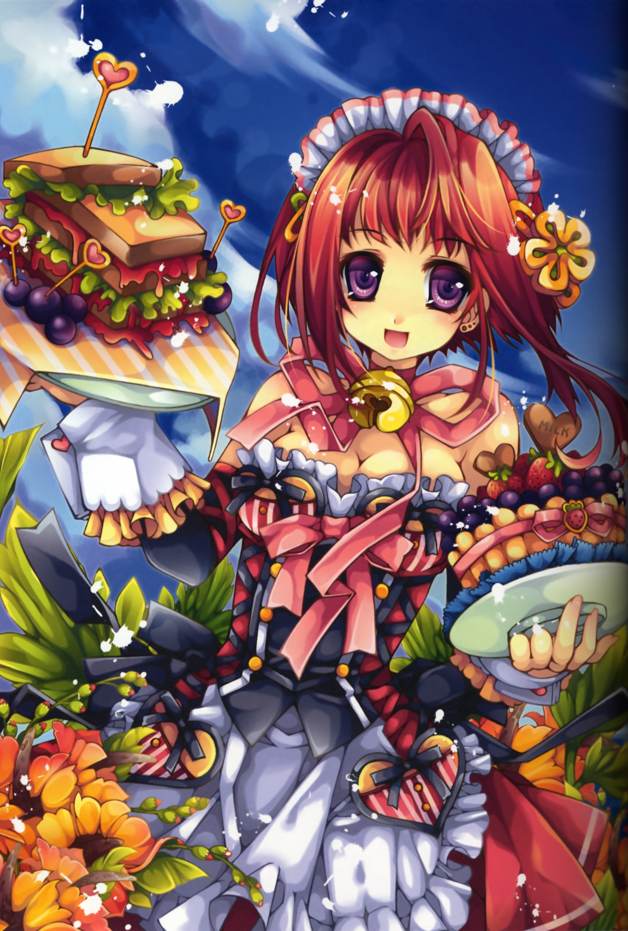 absurdres, highres, dress, flower, food, purple eyes, red hair, ribbon, solo, tray