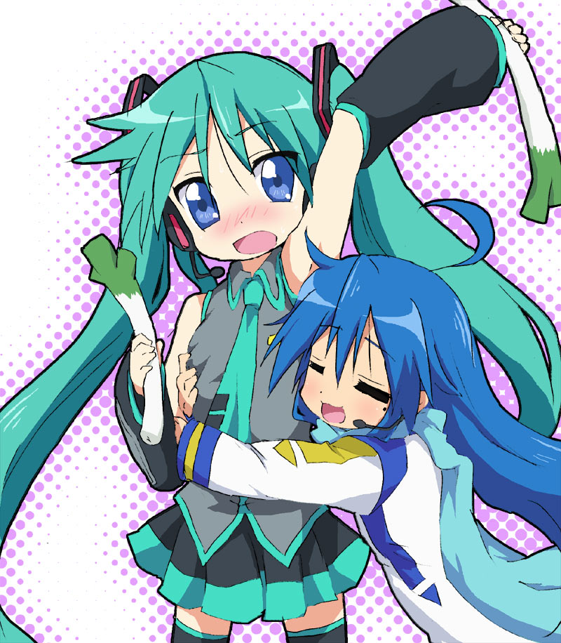 maruki (punchiki), hatsune miku, hiiragi kagami, izumi konata, kaito (vocaloid), lucky star, vocaloid, bad id, bad pixiv id, 2girls, ahoge, armpits, blue eyes, blue hair, blush, closed eyes, cosplay, detached sleeves, green hair, hatsune miku (cosplay), headphones, hug, kaito (cosplay), long hair, microphone, mole, mole under eye, multiple girls, necktie, skirt, spring onion, thighhighs, twintails, zettai ryouiki