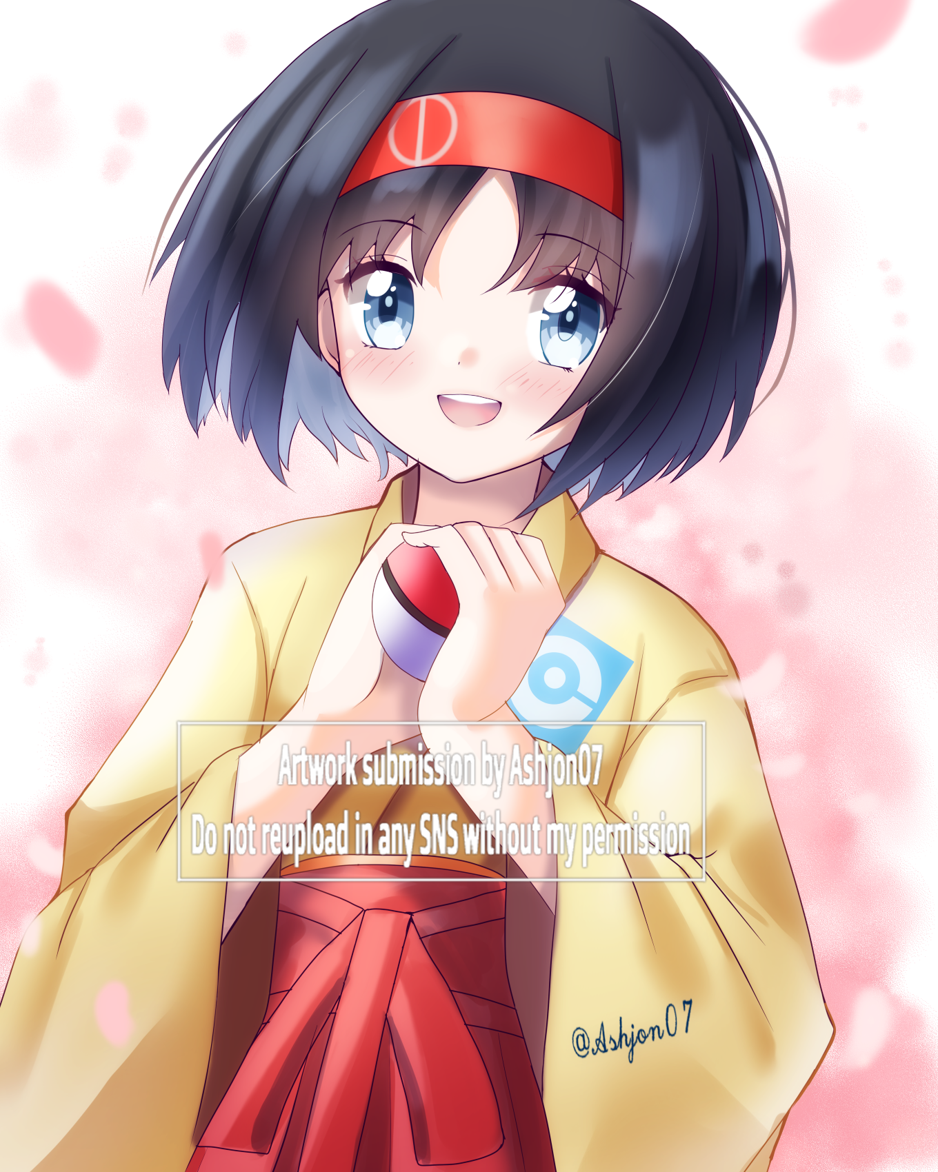 erika (pokemon), nintendo, pokemon, 1girl, black hair, hakama, japanese clothes, poke ball, poke ball symbol, red hakama