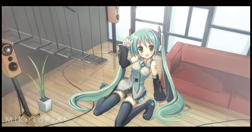 ura (ur wave), uraran, hatsune miku, vocaloid, bad id, bad pixiv id, 1girl, aqua hair, detached sleeves, female focus, green eyes, letterboxed, long hair, necktie, skirt, solo, speaker, thighhighs, twintails, very long hair