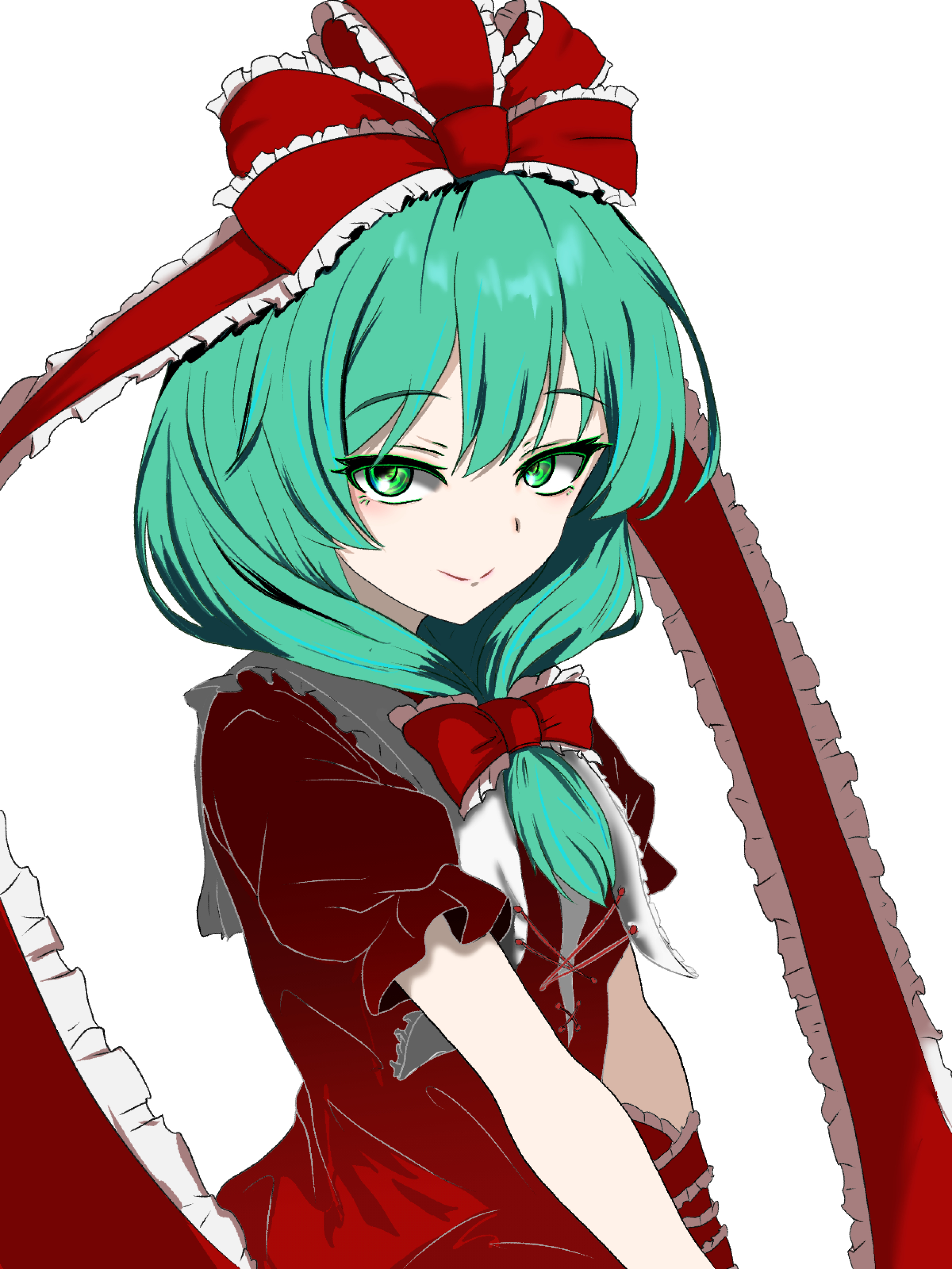 tohojon3, kagiyama hina, touhou, absurdres, highres, 1girl, arm ribbon, bow, collared dress, dress, front ponytail, green eyes, green hair, looking at viewer, red bow, red dress, red ribbon, ribbon, simple background, smile, solo, white background