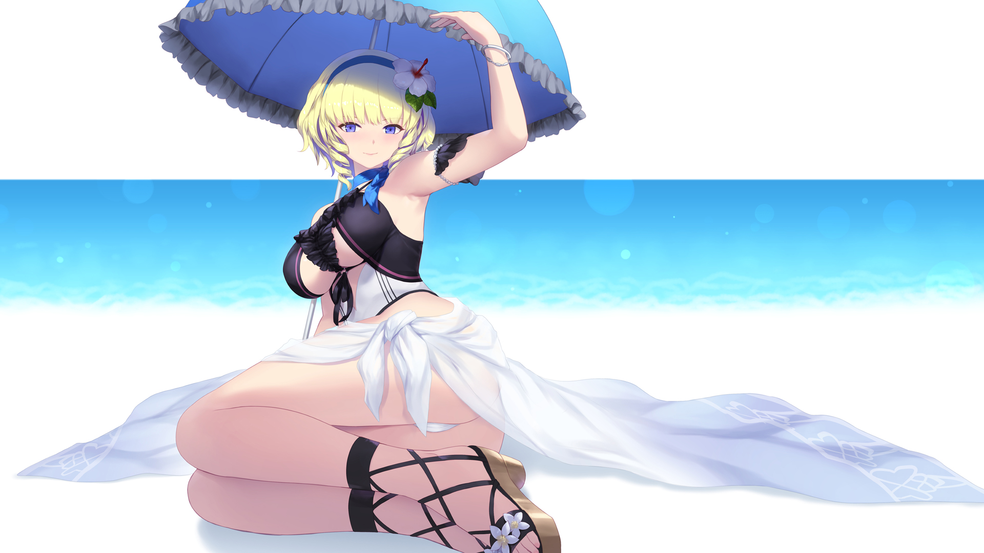 cait aron, constance von nuvelle, constance von nuvelle (summer), fire emblem, fire emblem: three houses, fire emblem heroes, nintendo, highres, 1girl, blonde hair, blue eyes, breasts, drill hair, drill sidelocks, flower, hair flower, hair ornament, medium hair, one-piece swimsuit, parasol, sarong, sidelocks, sitting, smile, solo, swimsuit, umbrella, underboob, white sarong