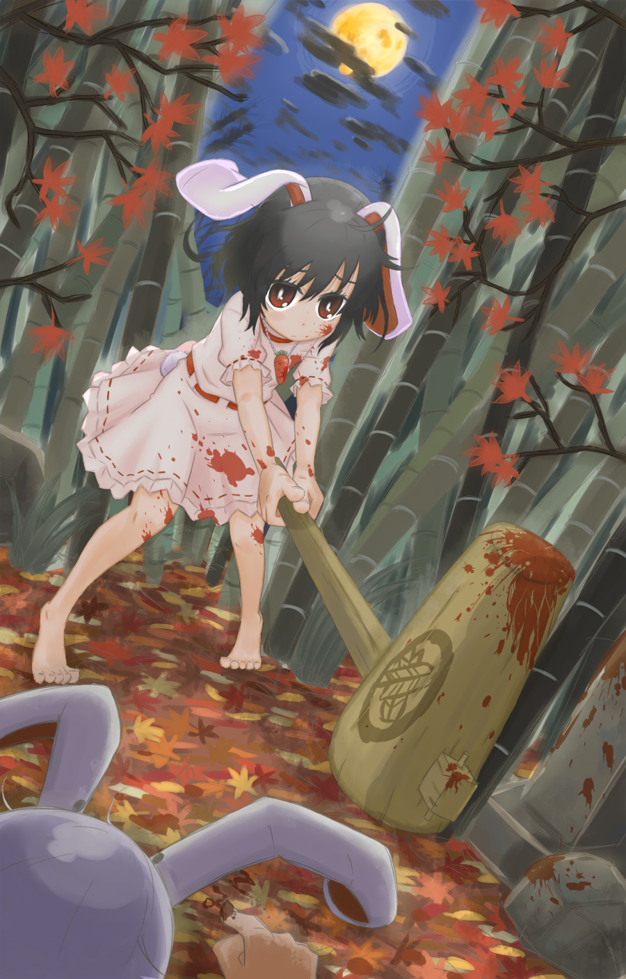 kingin, inaba tewi, reisen udongein inaba, touhou, highres, translated, 2girls, animal ears, bamboo, bamboo forest, barefoot, black hair, blood, bright pupils, death, dying message, feet, female focus, forest, hammer, leaf, moon, multiple girls, nature, night, purple hair, rabbit ears, red eyes, short hair, toes, violence, white pupils, yandere