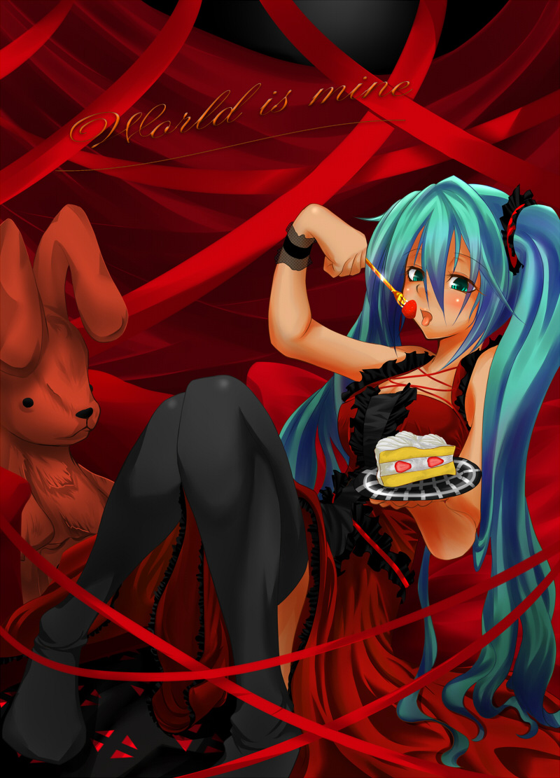 arkas, hatsune miku, vocaloid, world is mine (vocaloid), cake, eating, food, long hair, pastry, solo, thighhighs, twintails