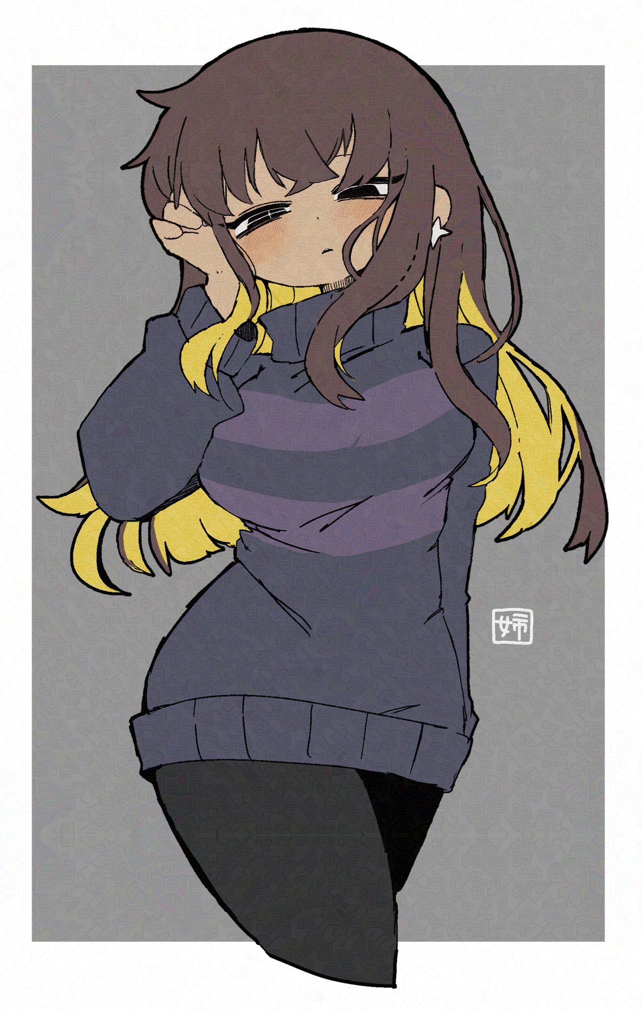 mr0x0, frisk (undertale), undertale, utdr (toby fox), adversarial noise, highres, + +, 1girl, aged up, arm behind back, black eyes, black pants, blonde hair, blush, breasts, bright pupils, brown hair, colored inner hair, contrapposto, cropped torso, crossed bangs, earrings, expressionless, genderswap, genderswap (otf), grey background, grey sweater, hair between eyes, hand on own cheek, hand on own face, hand up, jewelry, long hair, long sleeves, looking at viewer, medium breasts, multicolored hair, pants, parted lips, puffy long sleeves, puffy sleeves, purple sweater, simple background, single empty eye, solo, sparkle earrings, striped clothes, striped sweater, sweater, teeth, turtleneck, turtleneck sweater, two-tone hair, two-tone sweater, unusually open eyes, upper teeth only, white pupils