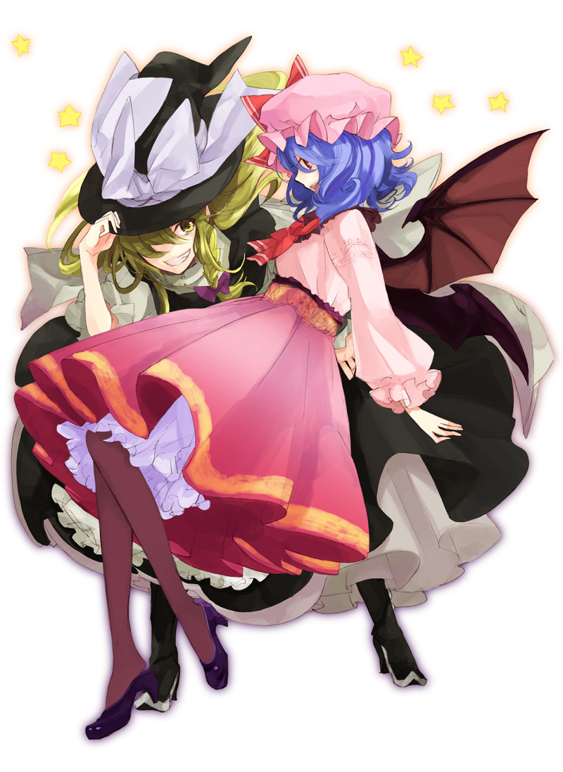 shiratama moyashi, shirodama moyashi, kirisame marisa, remilia scarlet, touhou, bad id, bad pixiv id, 2girls, blonde hair, blue hair, braid, female focus, hat, long hair, multiple girls, pantyhose, ribbon, short hair, wings