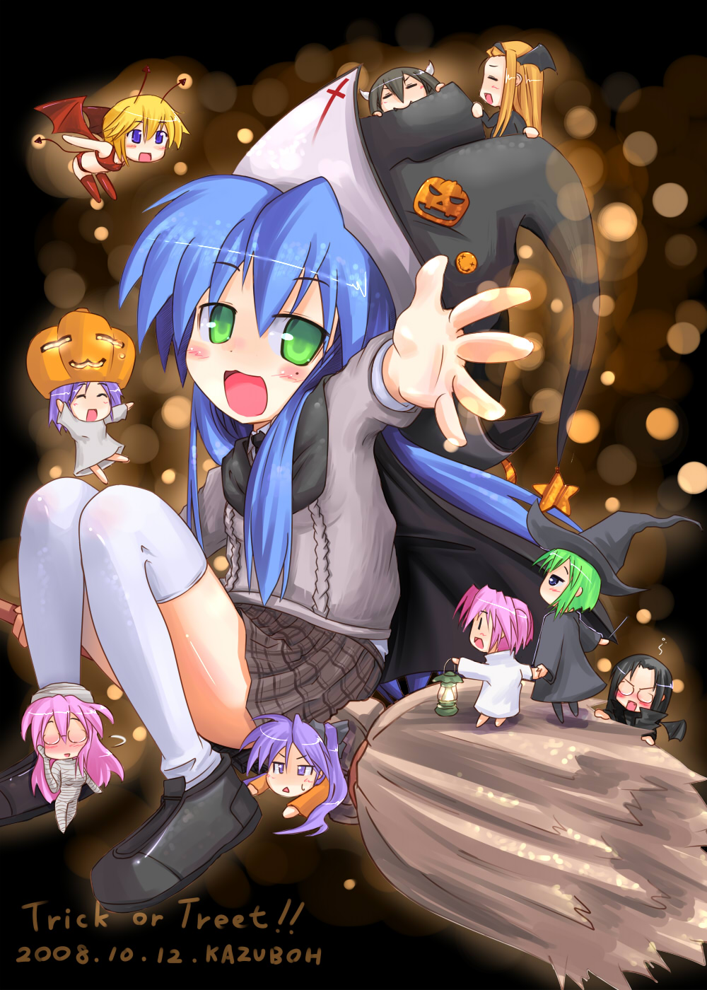 kazuboh, hiiragi kagami, hiiragi tsukasa, iwasaki minami, izumi konata, kobayakawa yutaka, kusakabe misao, minegishi ayano, patricia martin, takara miyuki, tamura hiyori, lucky star, bad id, bad pixiv id, highres, 00s, 2008, 6+girls, broom, chibi, dated, food-themed hair ornament, hair ornament, halloween, jack-o'-lantern, mole, mole under eye, multiple girls, pumpkin, pumpkin hair ornament, pumpkin hat, thighhighs, trick or treat
