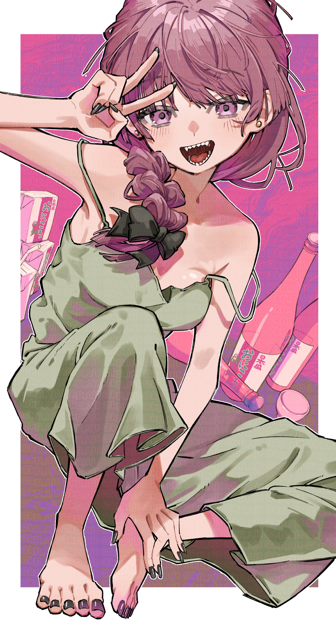 scripco, hiroi kikuri, bocchi the rock!, absurdres, highres, 1girl, barefoot, birthday, black nails, bottle, braid, dress, green dress, looking at viewer, open mouth, pink hair, purple eyes, sharp teeth, smile, solo, teeth, v