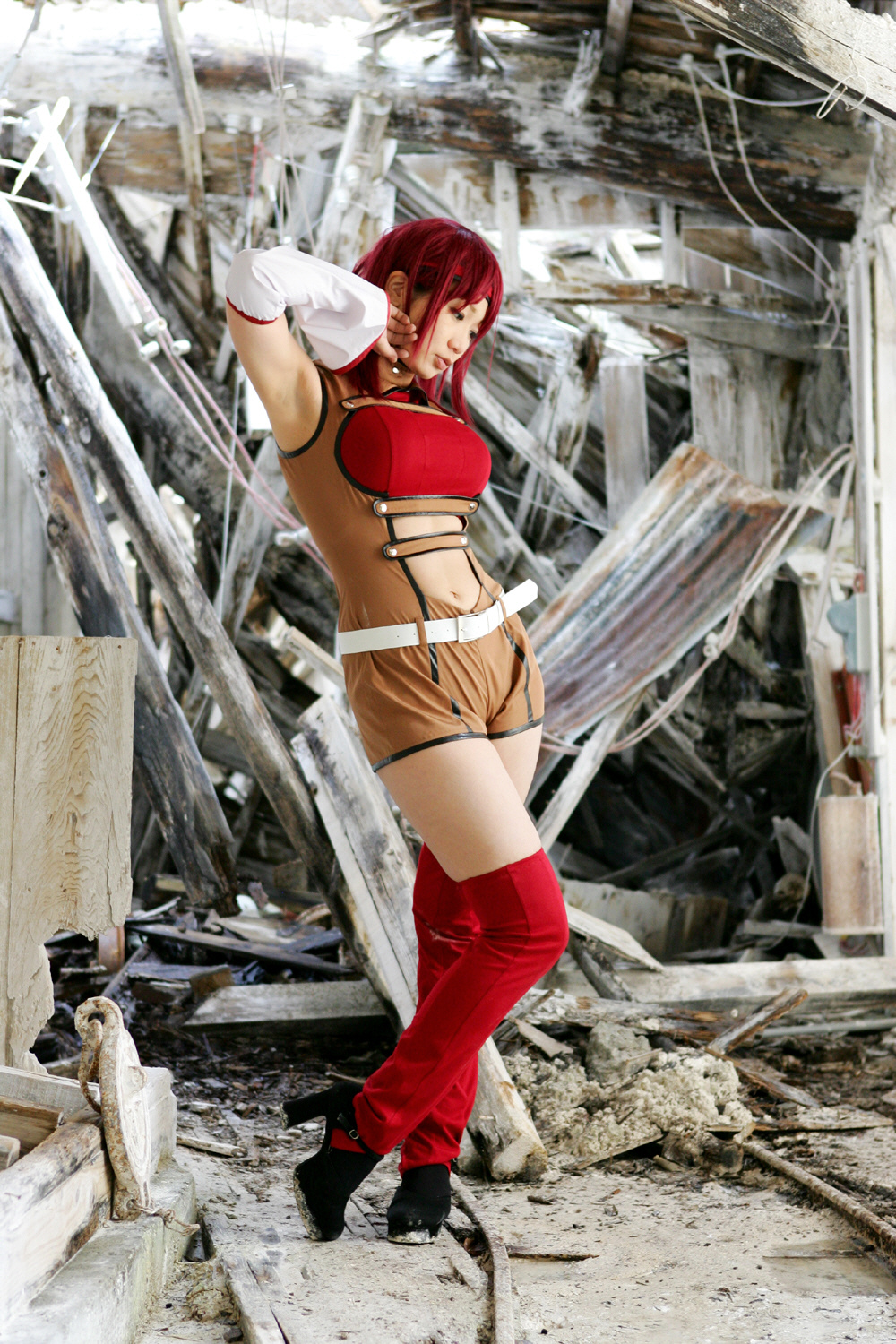 chocoball, kouzuki kallen, code geass, real life, cosplay photo, highres, photo (medium), 1girl, bare shoulders, cosplay, female focus, headband, kouzuki kallen (cosplay), red hair, short hair, sleeveless, sleeveless turtleneck, solo, thighhighs, turtleneck
